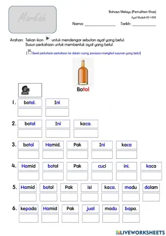 Perkataan KV+KVK (Ayat Mudah)