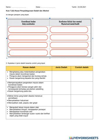 Quiz 7.2 (ii) kesan penyalahgunaan dadah dan alkohol