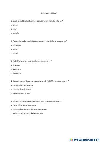 Penilaian Harian PAI Kelas 2 - Pelajaran 1