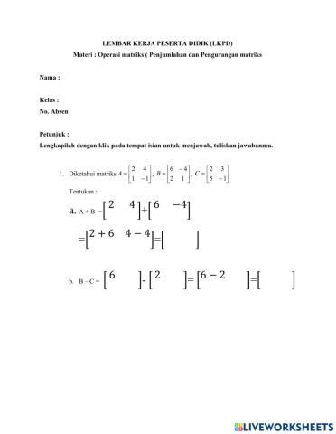 Penjumlahan dan Pengurangan Matriks
