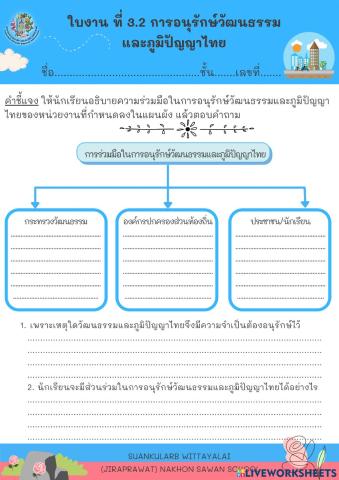 ใบงาน ที่ 3.2 การอนุรักษ์วัฒนธรรม และภูมิปัญญาไทย