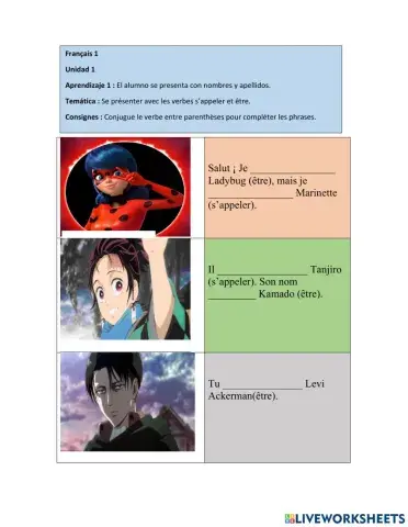 Verbes être et s'appeler