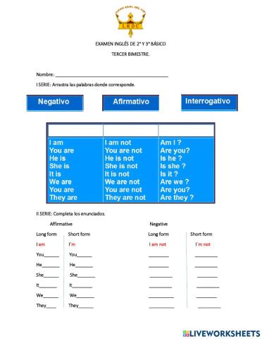 Examen de ingles 2° y 3° básico