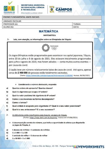 EMCAPO - Atividades Complementares - Fevereiro - Matemática - 5º ANO - 1ª Atividade