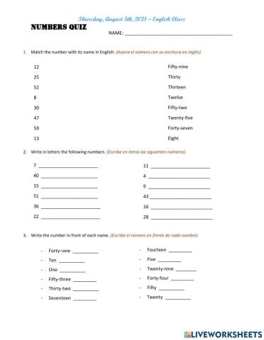 Numbers from 1 to 60