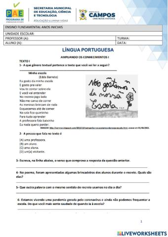 EMCAPO - Atividades Complementares - Fevereiro - Língua Portuguesa - 5º ano - 1ª atividade