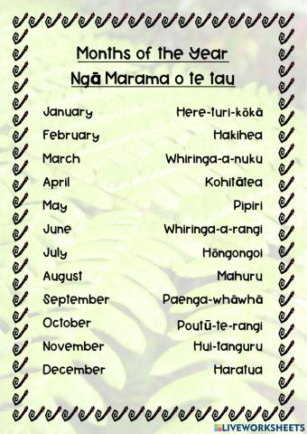 Months of the Year in Te Reo