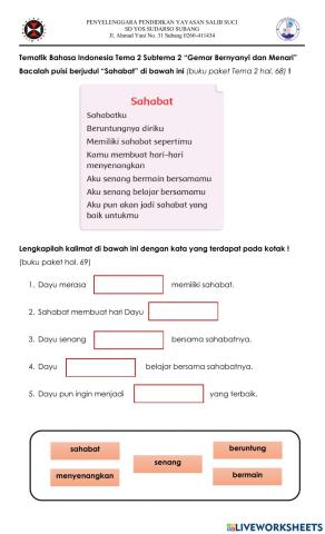 Latihan Bahasa Indonesia-Melengkapi Kalimat Berdasarkan Syair Puisi Ungkapan Sayang-Tema 2