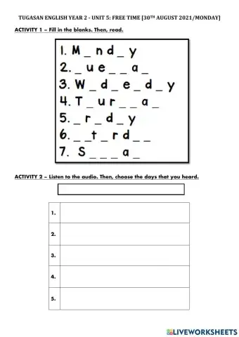 Superminds Unit 5: Free Time (Days of the week)(Listening)