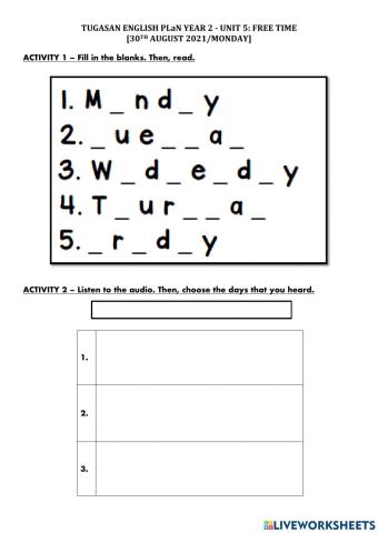 PLaN Superminds Unit 5: Free Time (Days of the week)(Listening)