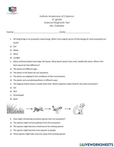 6th grade- science diagnostic- teacher gabriela