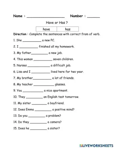 Worksheet : Have , Has