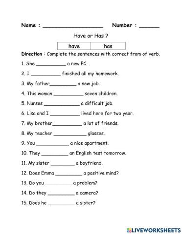 Worksheet : Have , Has