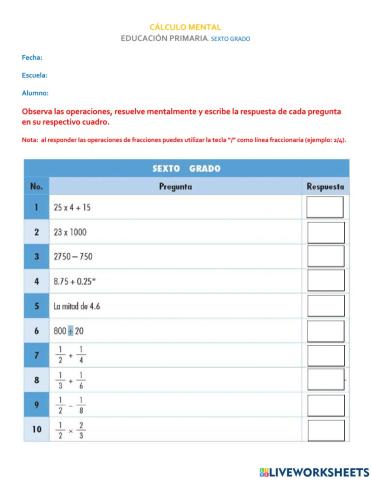 Calculo Mental 6° SisAT