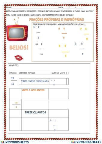 NÚMEROS MISTOS E FRAÇÕES IMPRÓPRIAS