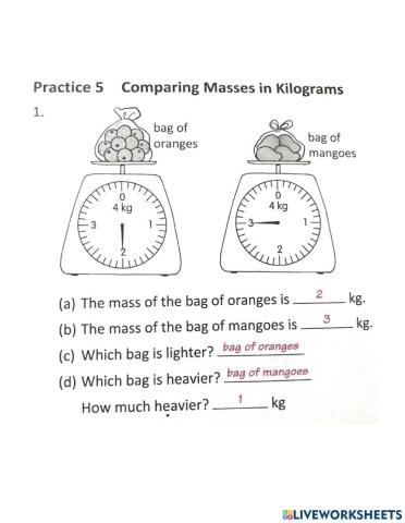 Comparing masses in kilograms