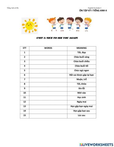 Bài Ôn tập LỚP 4 Unit 1 2