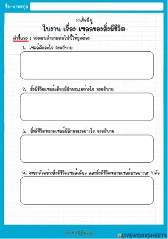 ใบงาน เรื่อง เซลล์ของสิ่งมีชีวิต