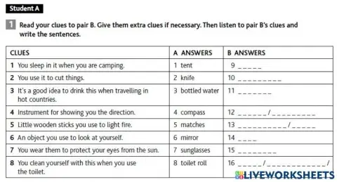 Vocabulary survival items