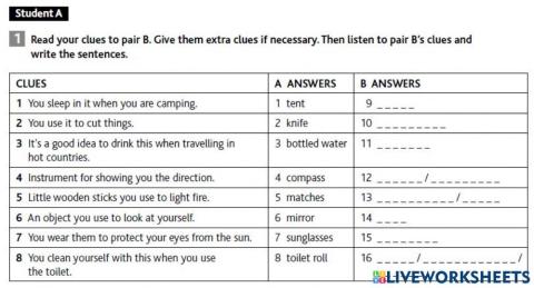 Vocabulary survival items