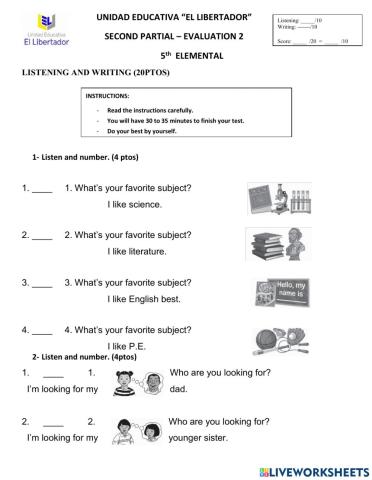 Test, listening and writing. inclusión