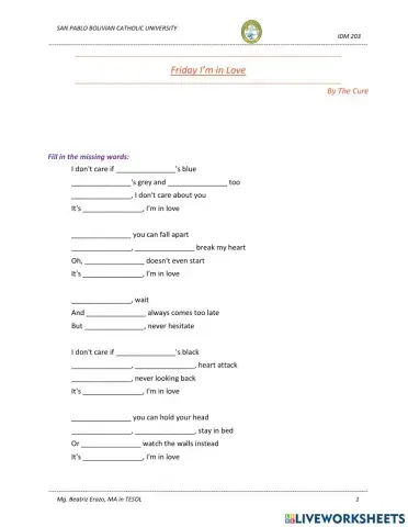 Song - Friday I'm in Love by The Cure