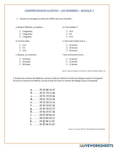 Compréhension auditive Les nombres, A1