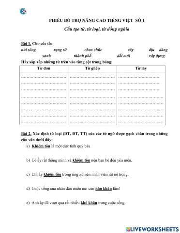 Phiếu TV nâng cao số 1- tuần 1