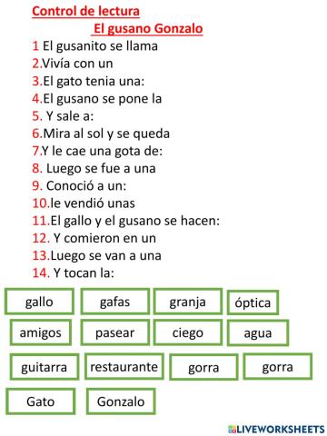 Control de lectura El gusano Gonzalo