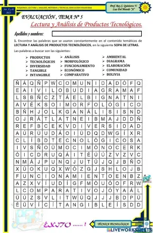 SOPA DE LETRAS, Lectura y Análisis de Productos Tecnológicos.