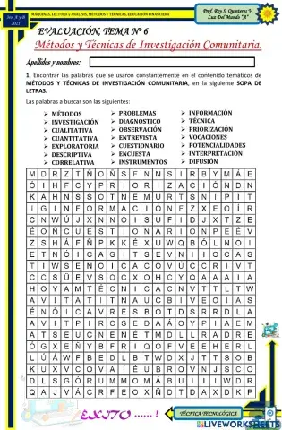SOPA DE LETRAS, Métodos y Técnicas de Investigación Comunitaria