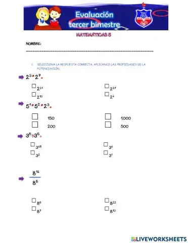 Evaluación  MATEMÁTICAS 5 -  3 bimestre 2021