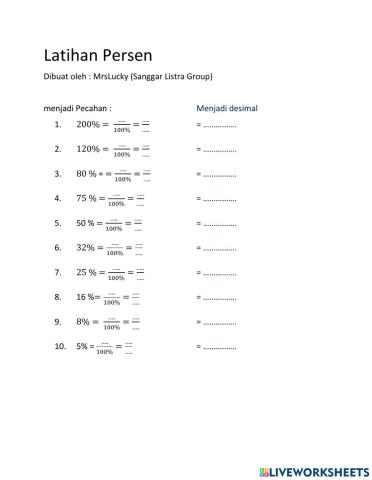 Latihan persen ubah ke pecahan dan desimal