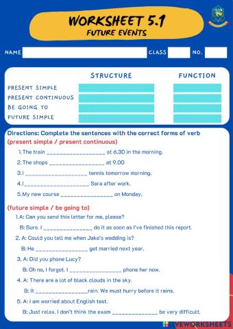 Worksheet 5.1 Future Events
