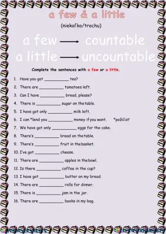 Quantifiers :muc, many, a few, a little, a lot of,