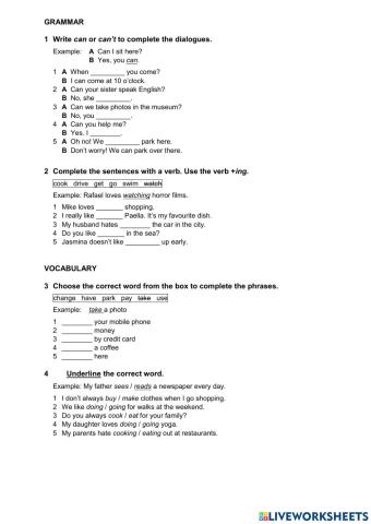 B 8A can, can't, V-ing, activities