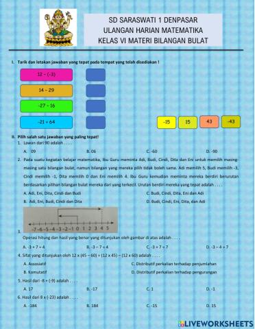 ULANGAN HARIAN MATEMATIKA BILANGAN BULAT
