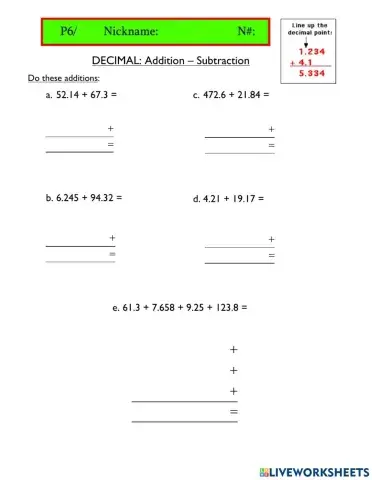 Decimal : Addition - Subtraction
