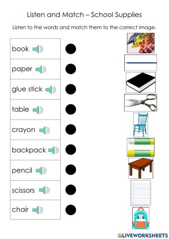 Listen and Match - School Supplies