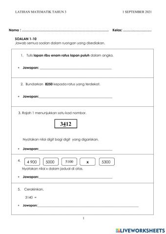 Latihan matematik tahun 3