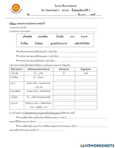 ใบงาน เรื่อง องค์ประกอบของสารละลาย