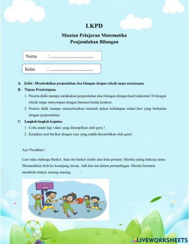 LKPD Menyelisaikan masalah tentang penjumlahan dua bilangan