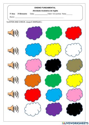 Avaliação bimestral de inglês 1º ano - 3º bimestre