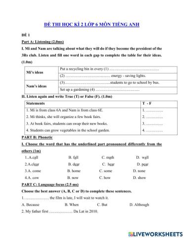 Grade 6.Đề thi học kì 2