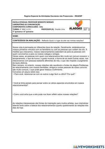 6°  ano -ARTES (2º BIMESTRE)AVALIÇÃO