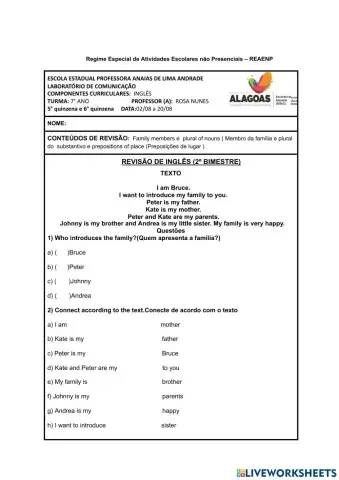 7°  ano - INGLÊS (2º BIMESTRE) REVISÃO Anaias