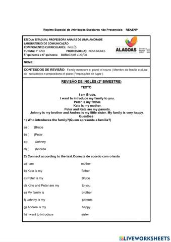 7°  ano - INGLÊS (2º BIMESTRE) REVISÃO Anaias