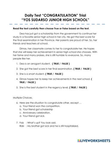 Daily Test Trial -CONGRATULATION- GRADE 9 CHAPTER 1