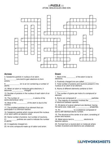 Crossword puzzle atoms, molecules, ions