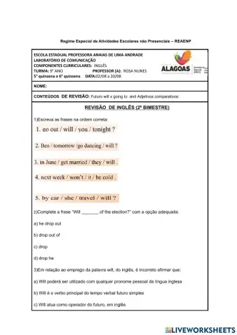 9°  ano -INGLÊS (2º BIMESTRE).REVISÃO-Anaias